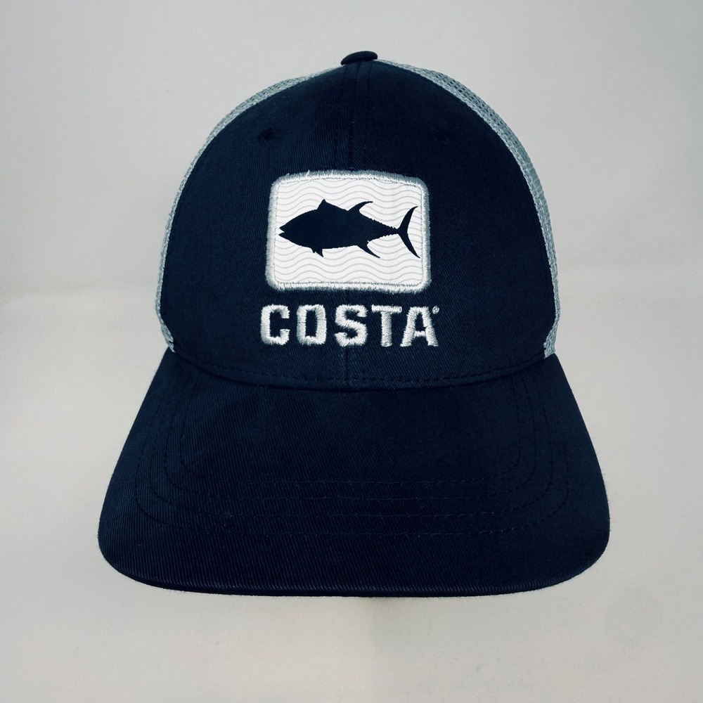 Costa Del Mar Mens Navy Blue Grey‎ Mesh Snapback Trucker Hat Tuna Fish Patch Cap